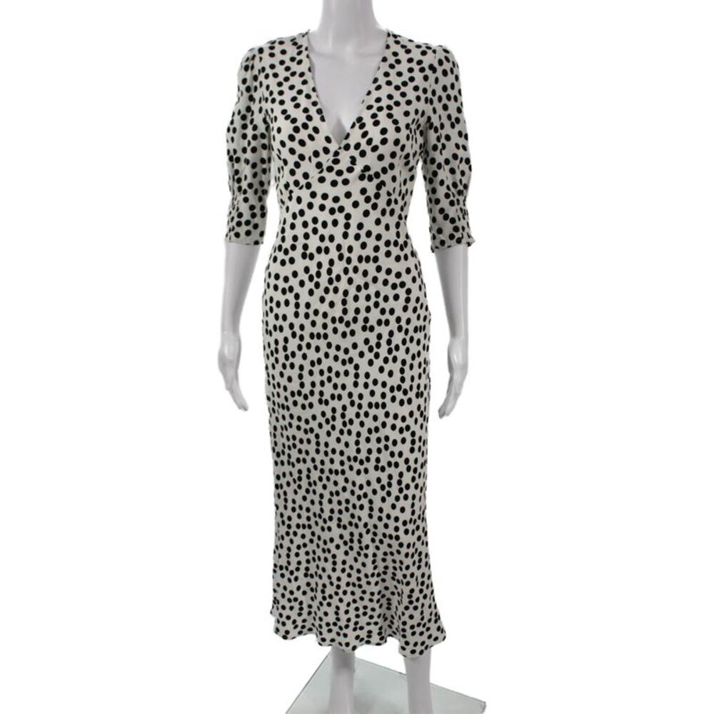 Rixo Womens Black Polka Dot V-Neck Sheath Dress 3/4 Sleeve Mid-Calf Size 2XS